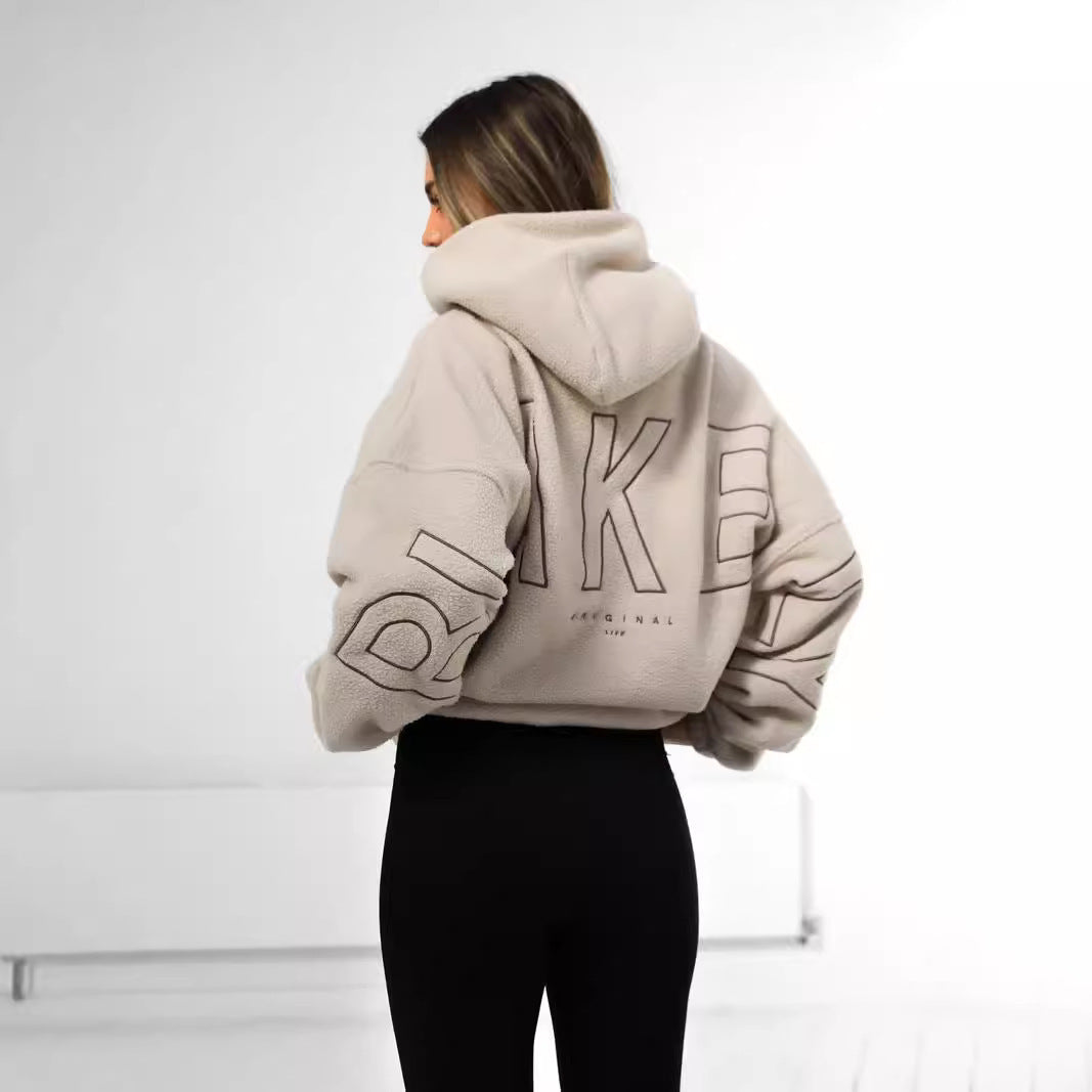 XL-XXXL Loose Lamb Fleece Coat with Embroidery – Winter Commute Essential

