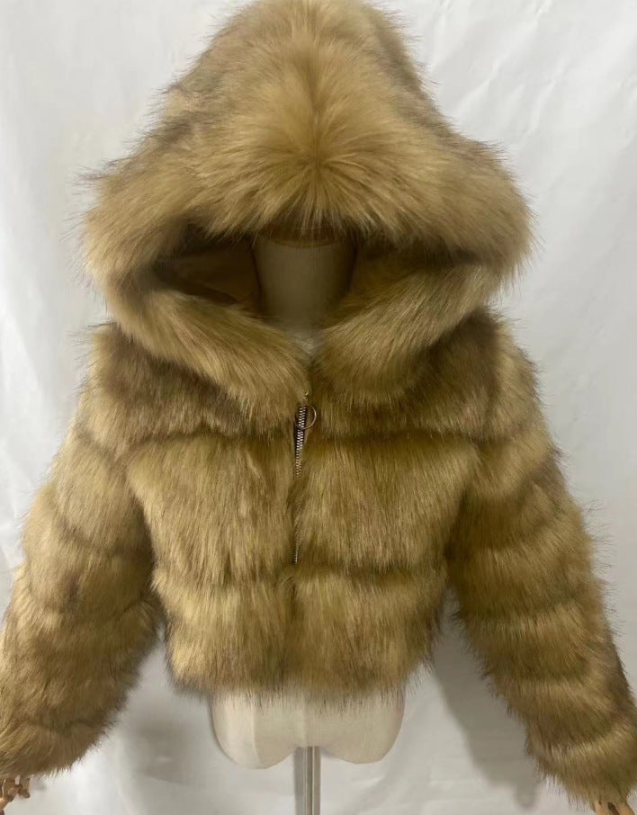 Zip and lining – short hooded faux fur coat, smooth interior