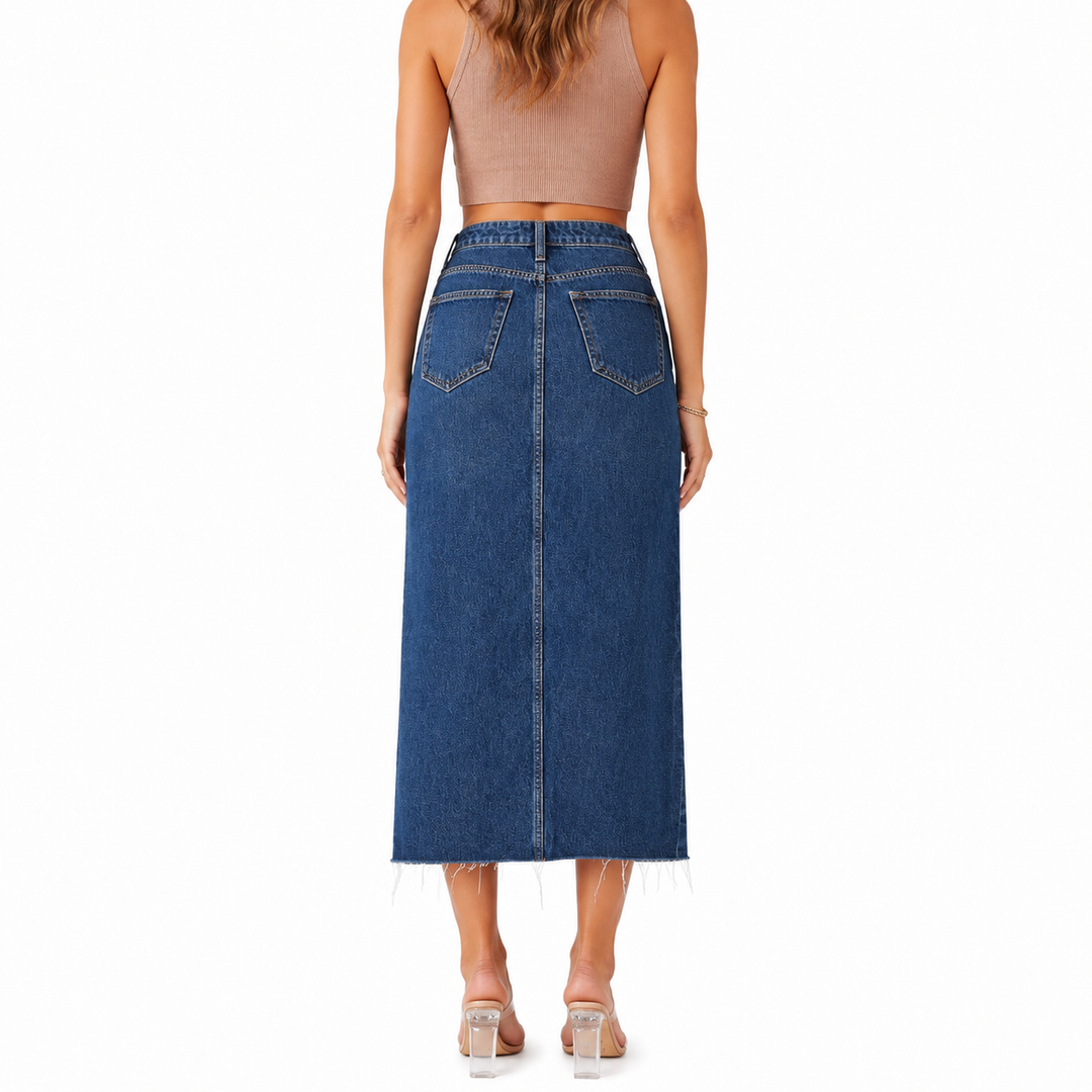 Classic blue denim midi skirt back view with pockets and raw hem