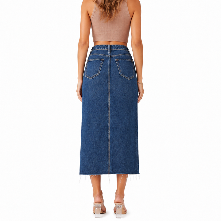 Classic blue denim midi skirt back view with pockets and raw hem