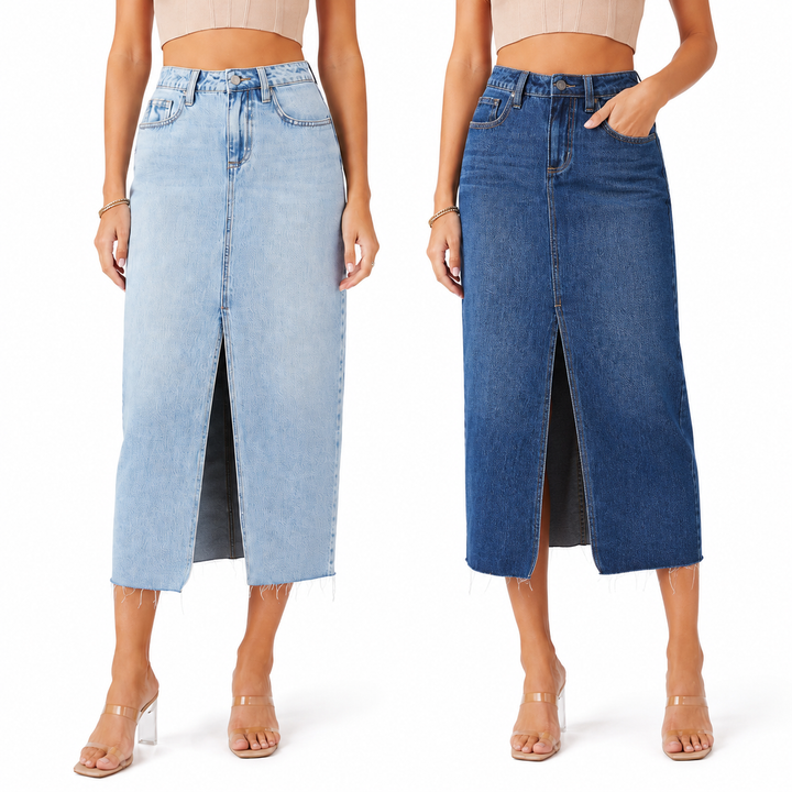 Light wash blue and classic blue denim midi skirt color variants side by side