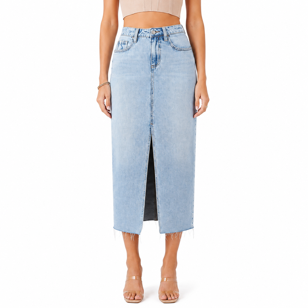 Light wash blue denim midi skirt front view with high waist and front slit