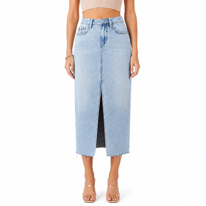 Light wash blue denim midi skirt front view with high waist and front slit