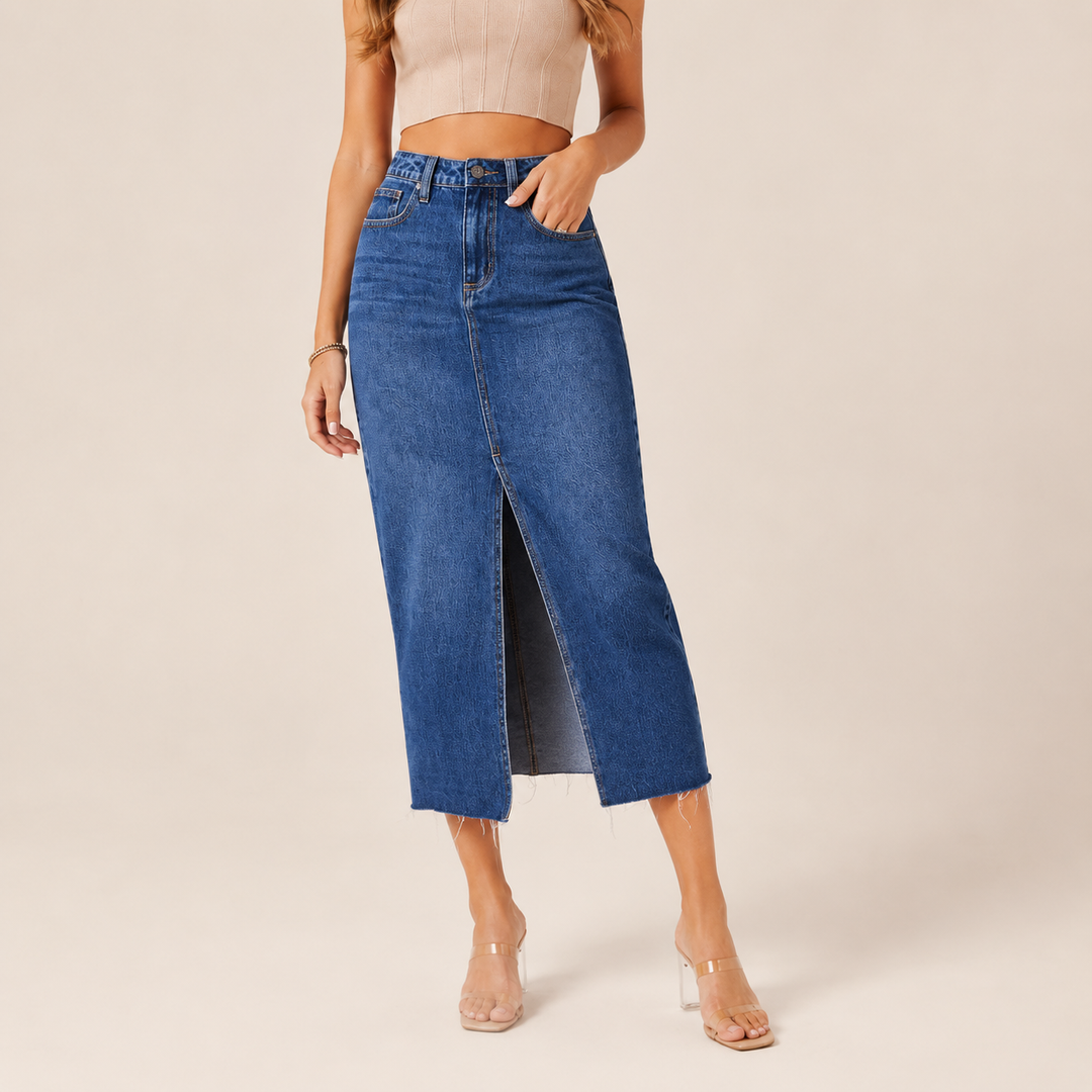Classic blue denim midi skirt hero view with front slit and raw hem