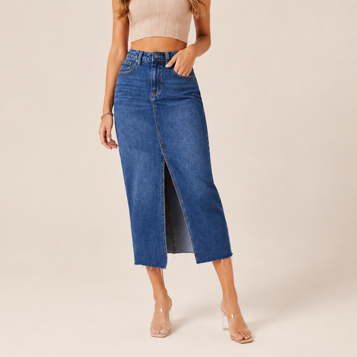 Classic blue denim midi skirt hero view with front slit and raw hem