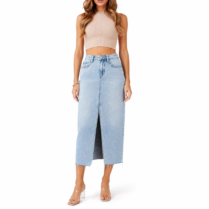 Light wash blue A-line denim midi skirt front view on model