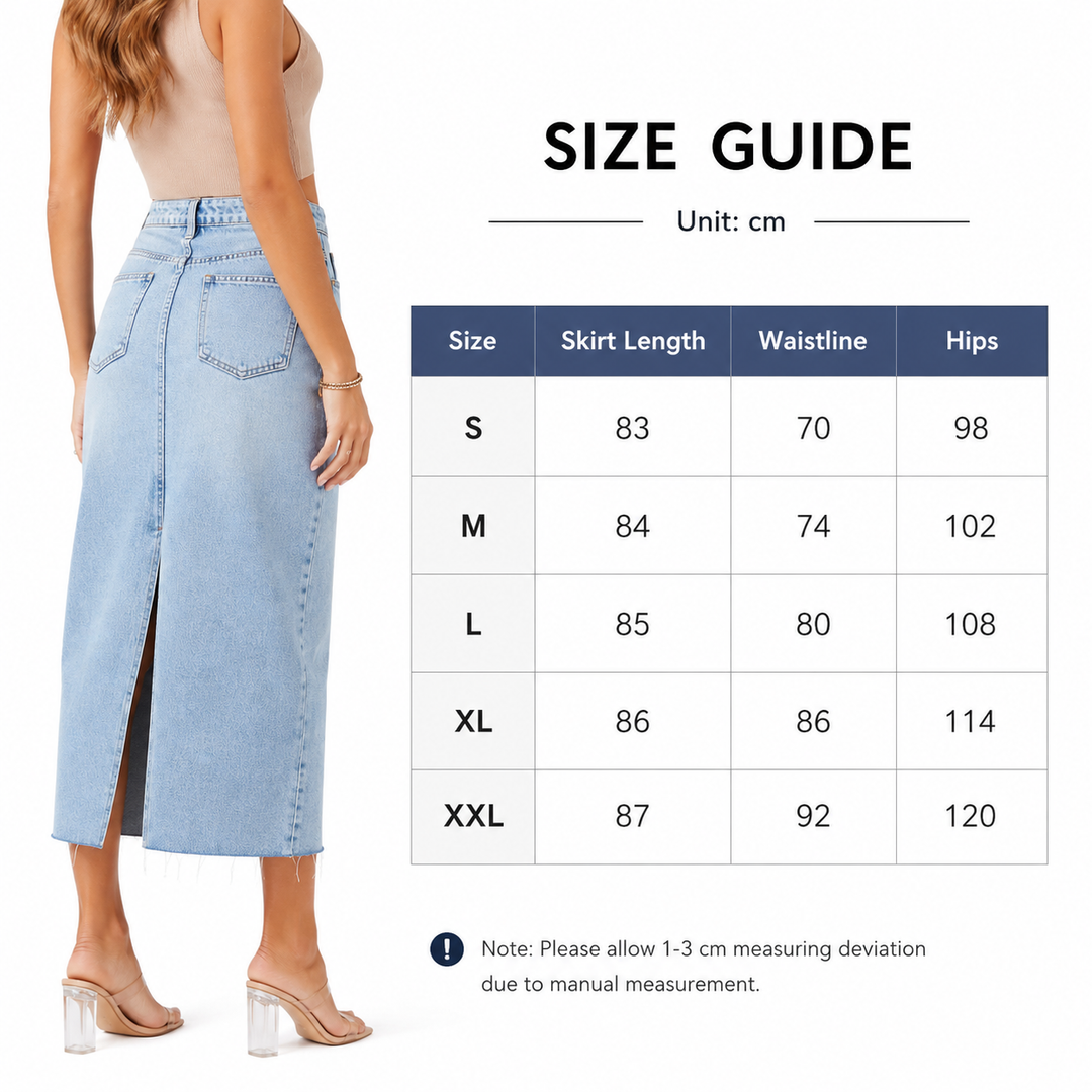Denim midi skirt size guide with S to XXL skirt length waist and hip measurements in cm
