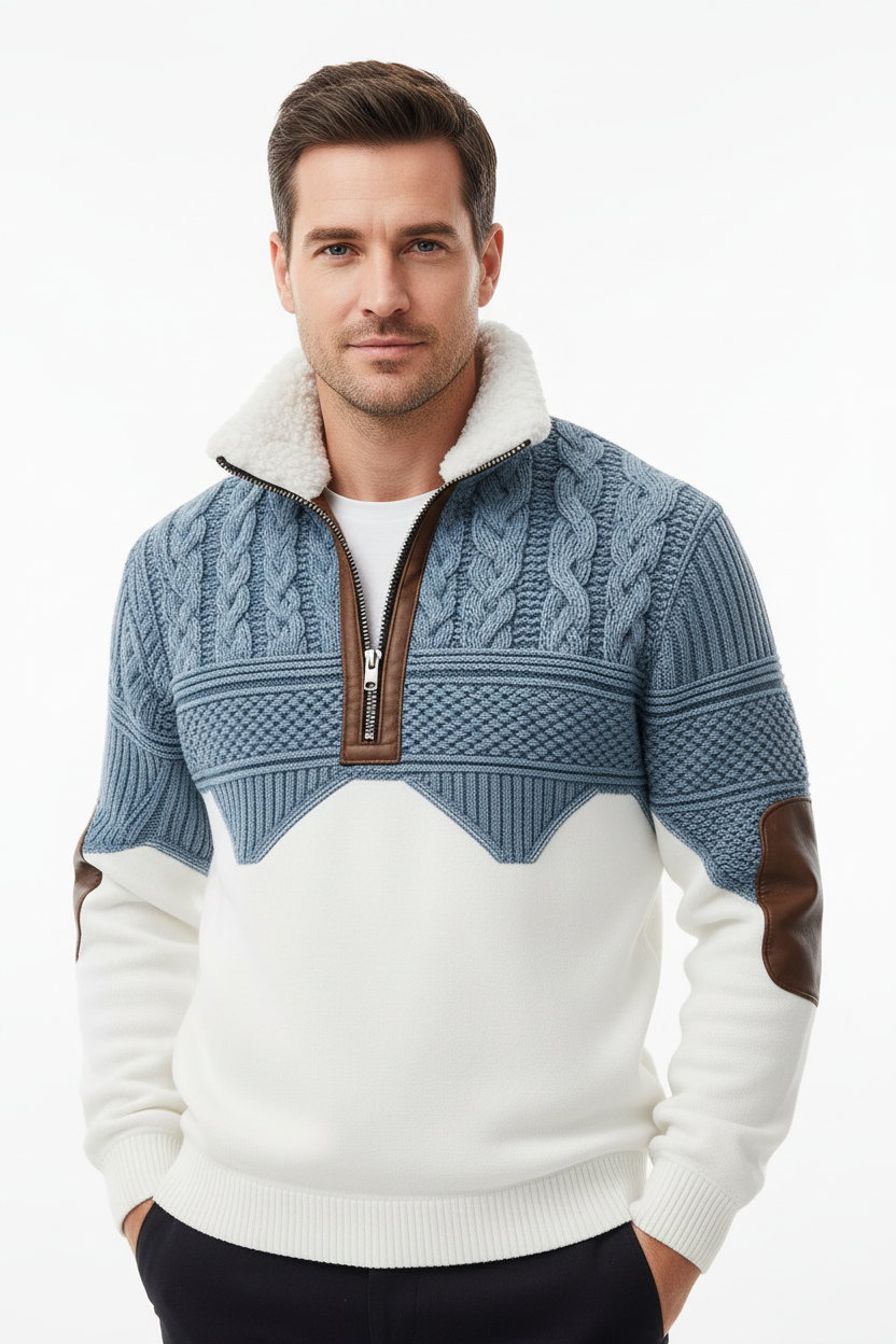 Men wearing sherpa pullover sweater in urban street setting, autumn vibes
