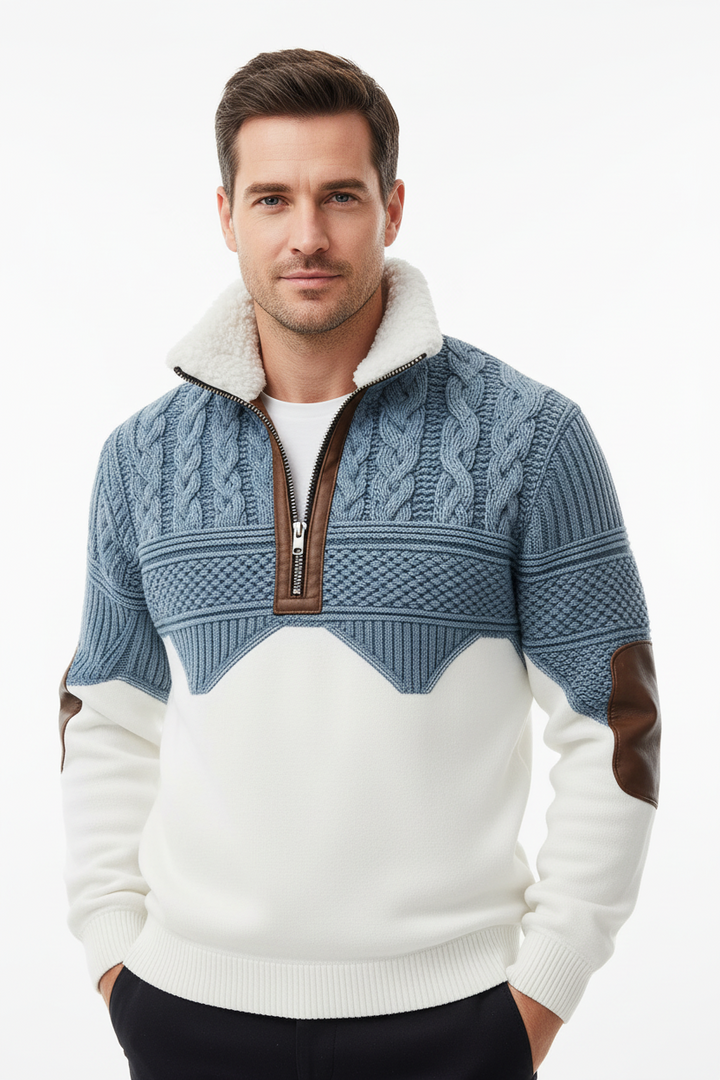 Men wearing sherpa pullover sweater in urban street setting, autumn vibes
