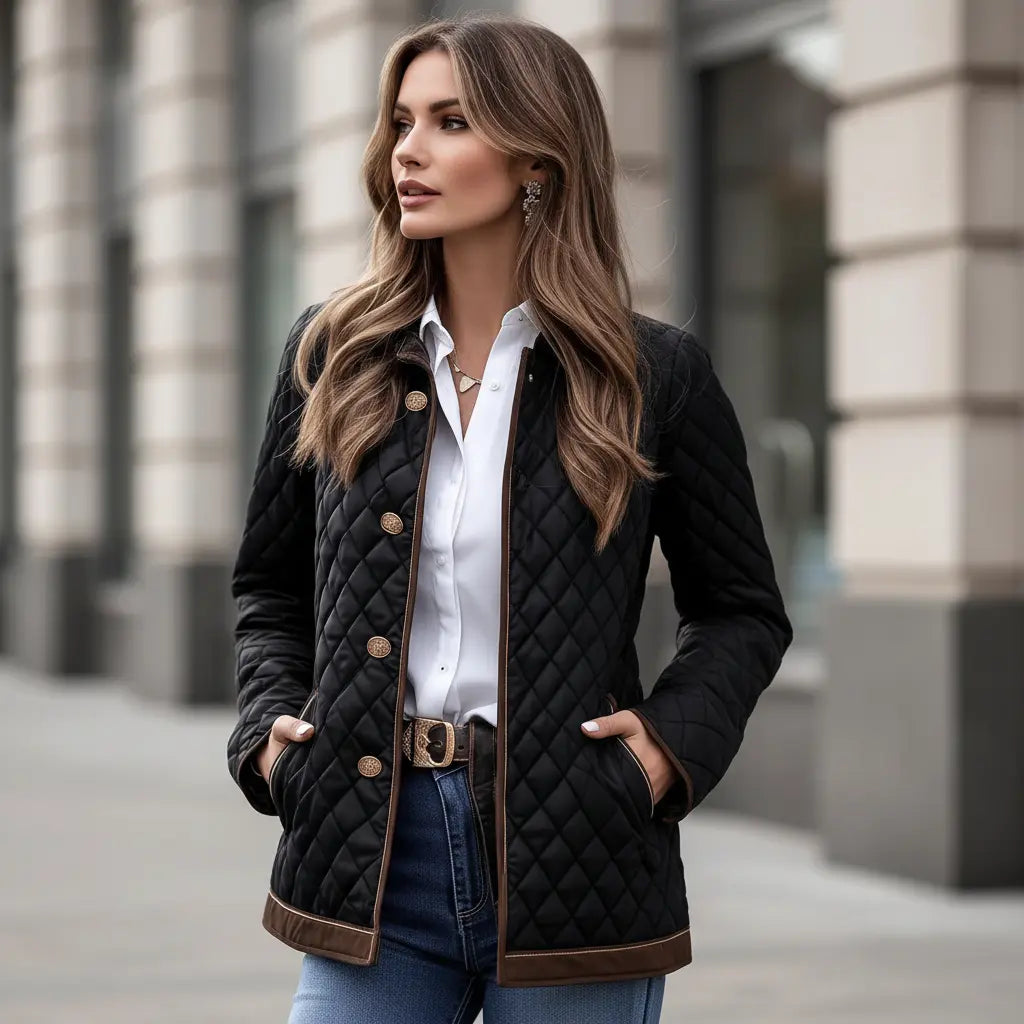 jacket for women black plaid slim-fit button front styled with white tee and straight jeans for commute outfit
