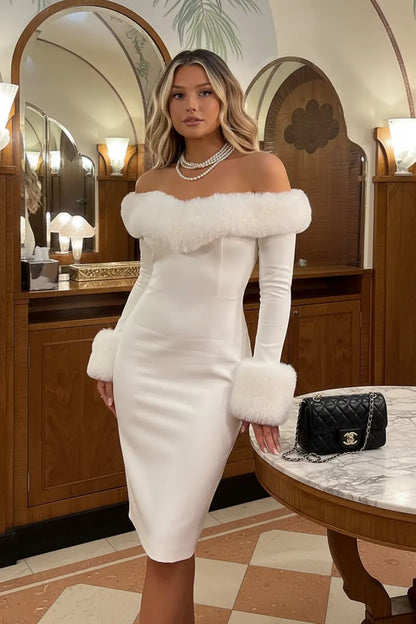 white pencil maxi dress full length front view with long sleeves, refined silhouette for winter dinners and events
