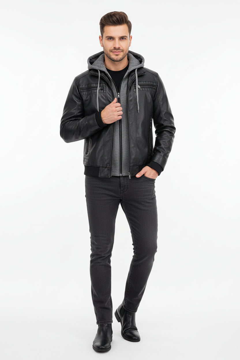 Men’s Hooded PU Leather Jacket With Zipper Pockets