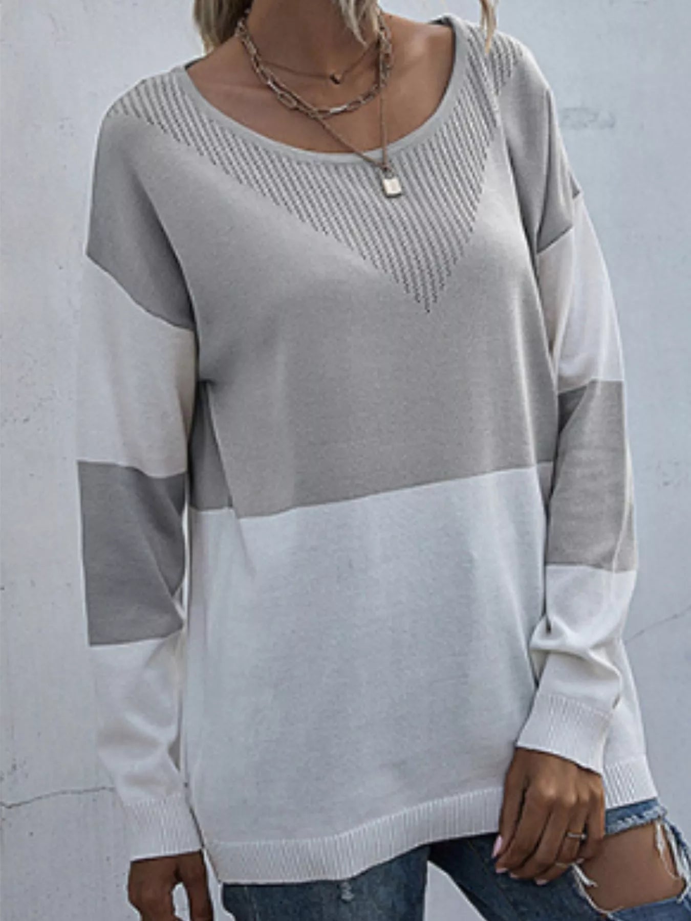 ribbed sweater layered under jacket fall fashion