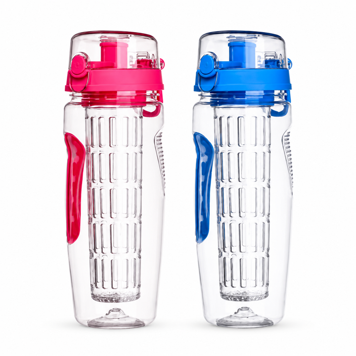 Two clear water bottles with colorful lids on a white background
