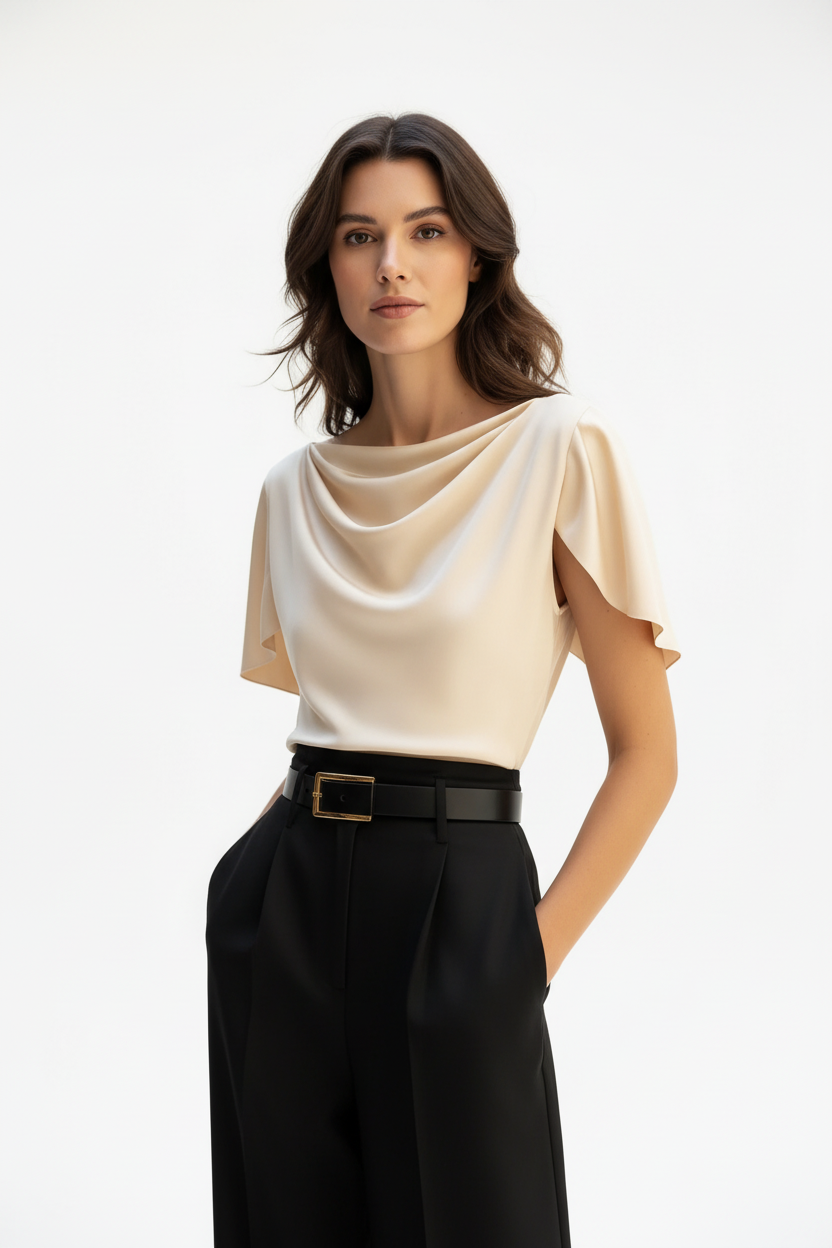 Model tucking apricot loose blouse into tailored trousers, office-ready elegant casual styling
