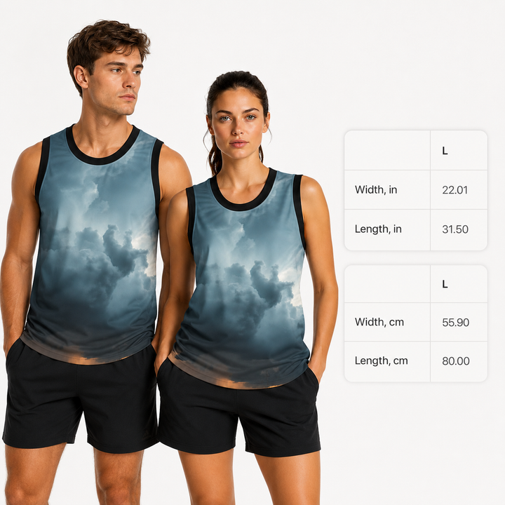 Two people wearing matching sleeveless cloud-patterned shirts and black shorts on a white background.