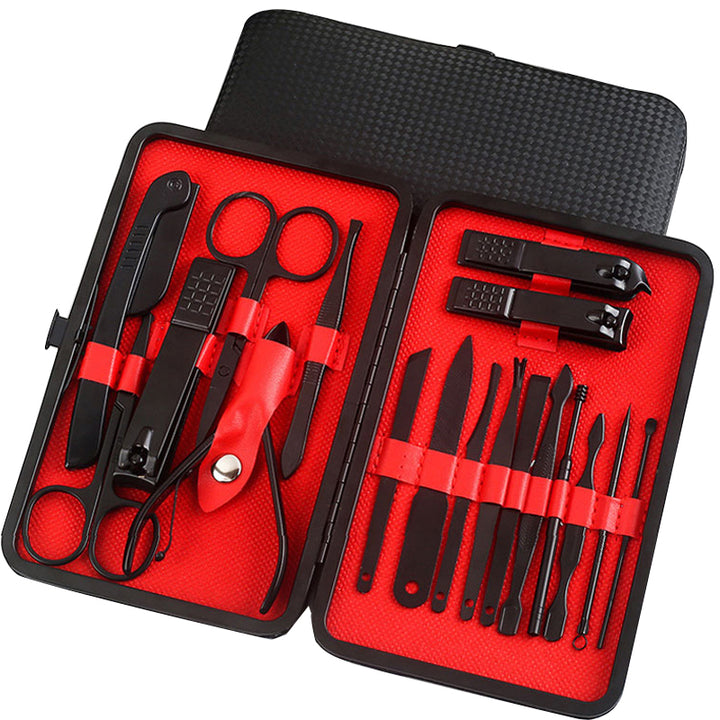 Stainless steel nail care tools grouped inside the storage case to compare the available manicure and pedicure configurations