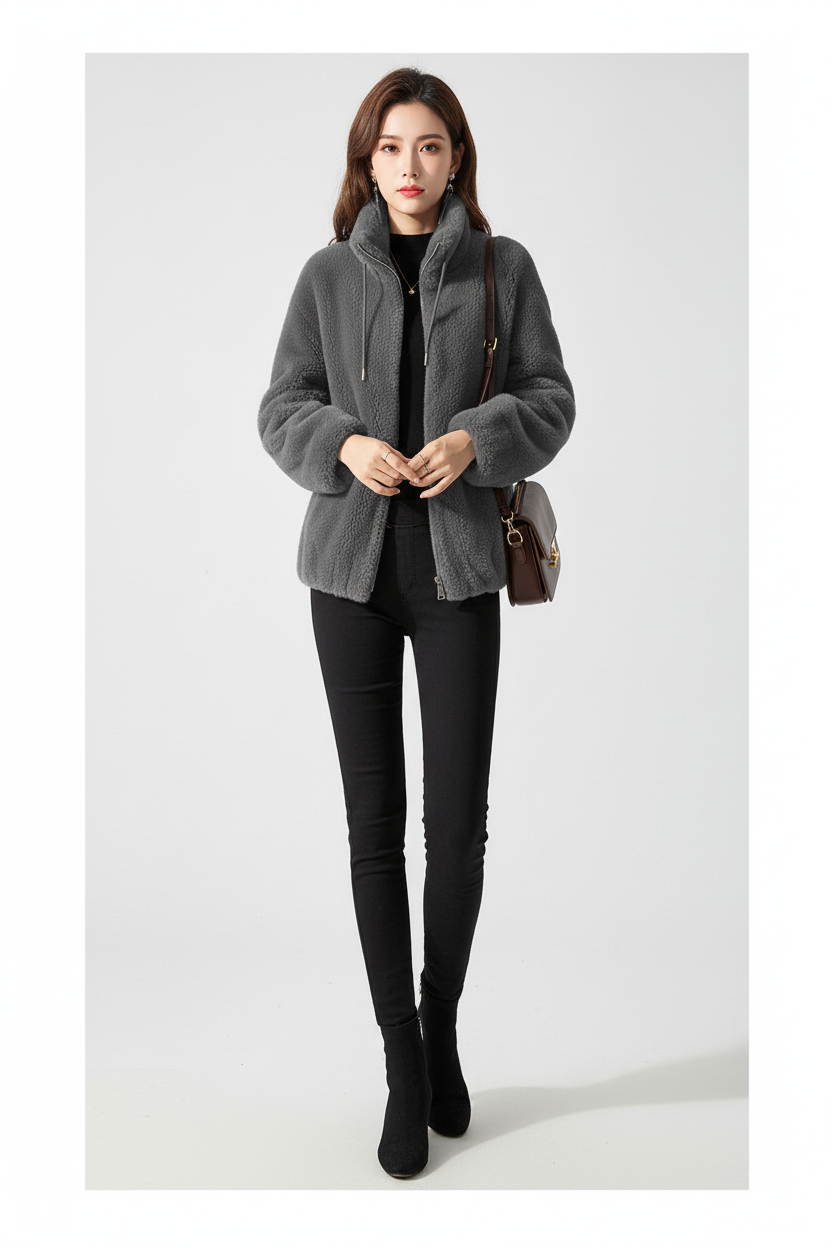 Women warm fleece cardigan flat lay, double fleece texture detail, high neck coat, polyester winter outerwear