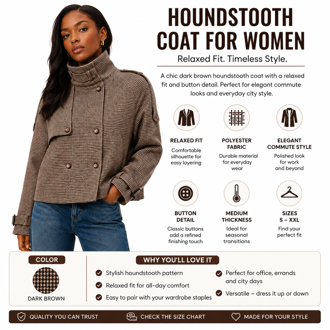 A promotional graphic for a houndstooth coat for women, featuring a model wearing a dark brown houndstooth coat with relaxed fit and button detail. The graphic includes text describing the coat&