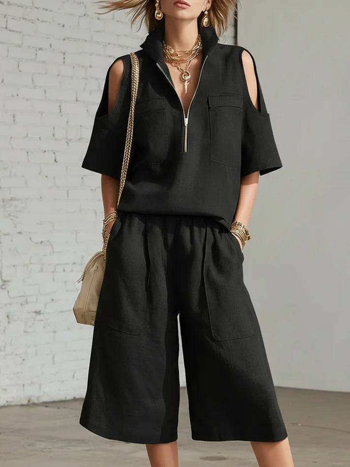 Close-up of the elasticated waistband on the pants, showing comfortable fit and modern cut