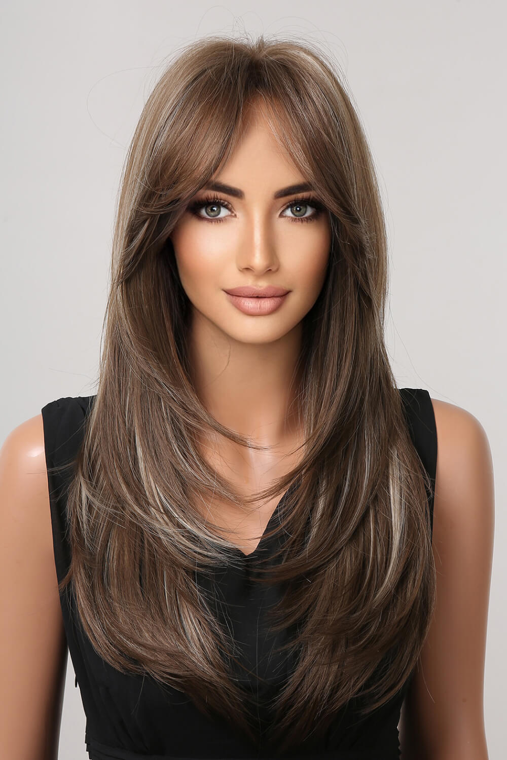 22 inch straight synthetic wig sleek straight texture natural shine on mannequin front view studio ecommerce presentation