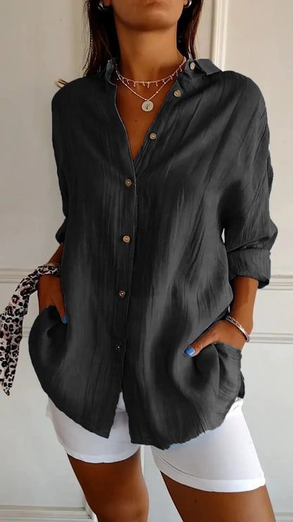 Women's Pleated Long Sleeve Shirt - Polished Loose Fit