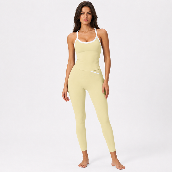Womens fitness tank top with 78 percent nylon and 22 percent spandex fabric for soft stretch and close active fit