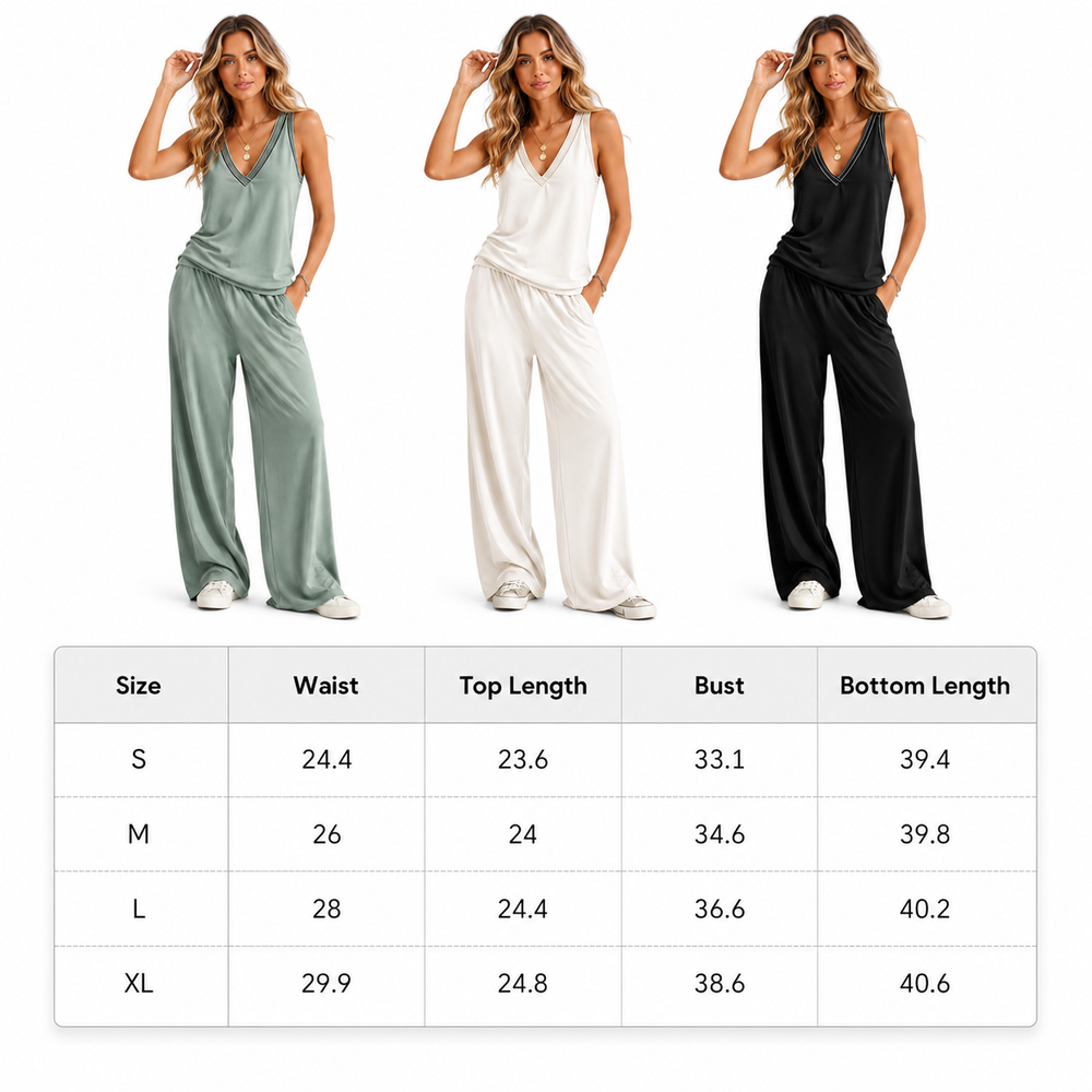 Three women wearing jumpsuits with a size chart below on a white background