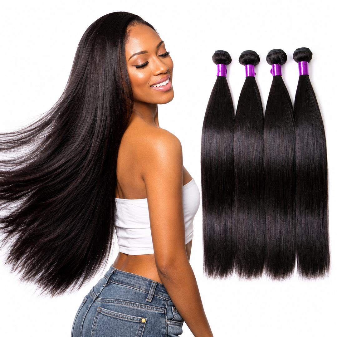 1B natural color straight human hair bundle with soft touch, knot resistant feel and dye friendly styling potential for weave