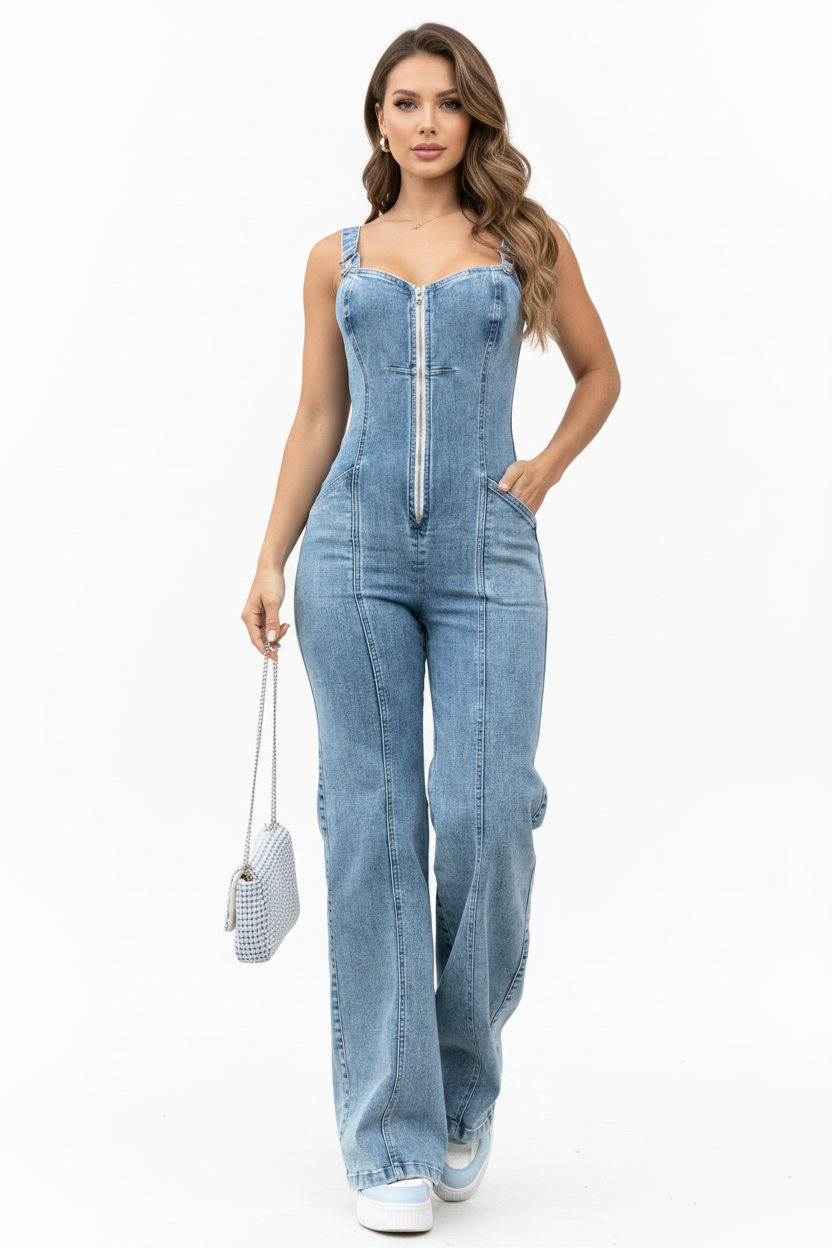 sleeveless denim jumpsuit full length modern silhouette casual outfit