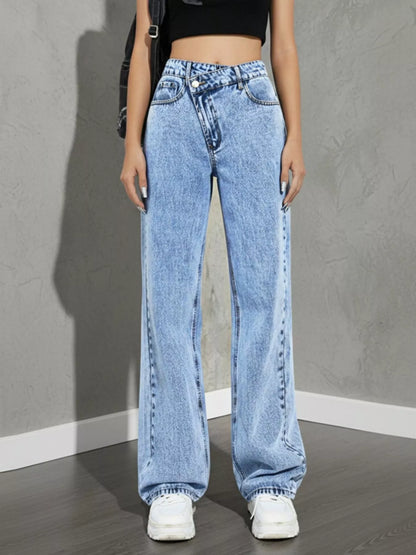 non stretch wide leg jeans high rise waist light wash cotton blend denim showcasing straight wide leg from hip to hem
