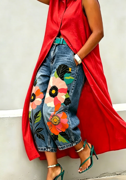 Mid-rise denim capri pants shown in a catalog view with green color and street-fashion direction - product view for shoppers.