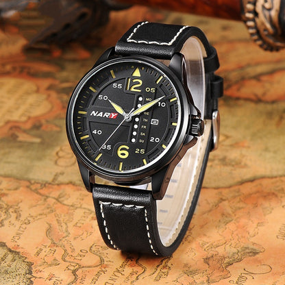 men quartz watch leather strap close-up on wrist elegant masculine styling