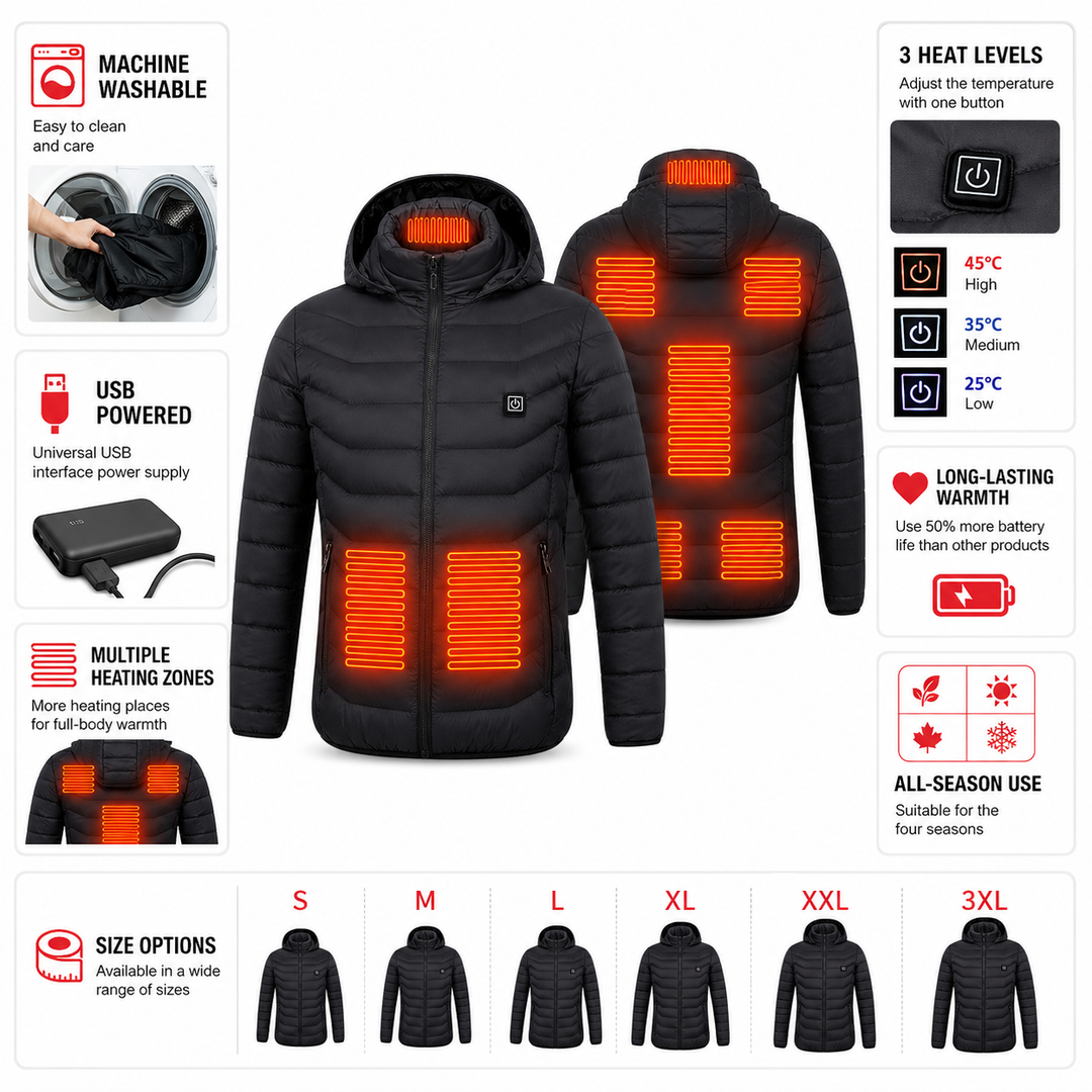 USB electric heated jacket for men with detachable hood, high collar and thermal cotton filling for colder outdoor activities