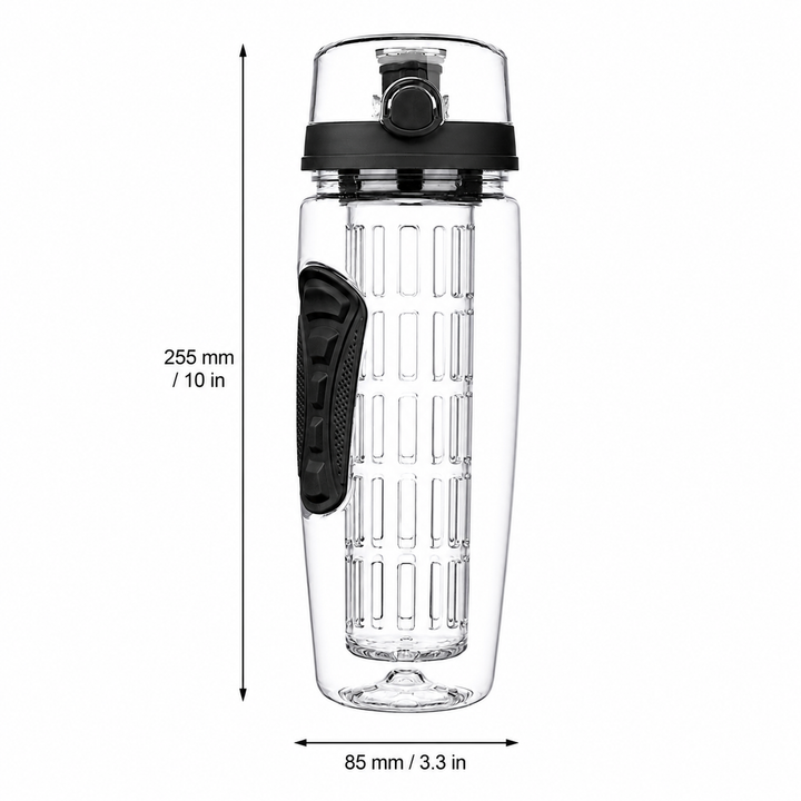 Clear water bottle with black lid and grip, showing dimensions on a white background