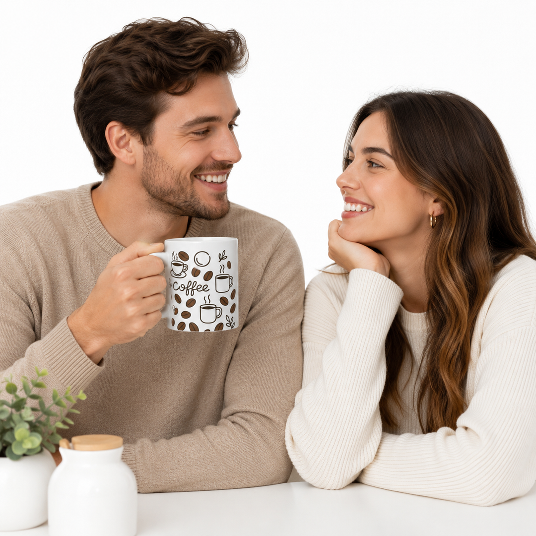 Coffee mug set close-up with bright printed artwork and glossy ORCA coating on lead and BPA-free white ceramic for daily use.
