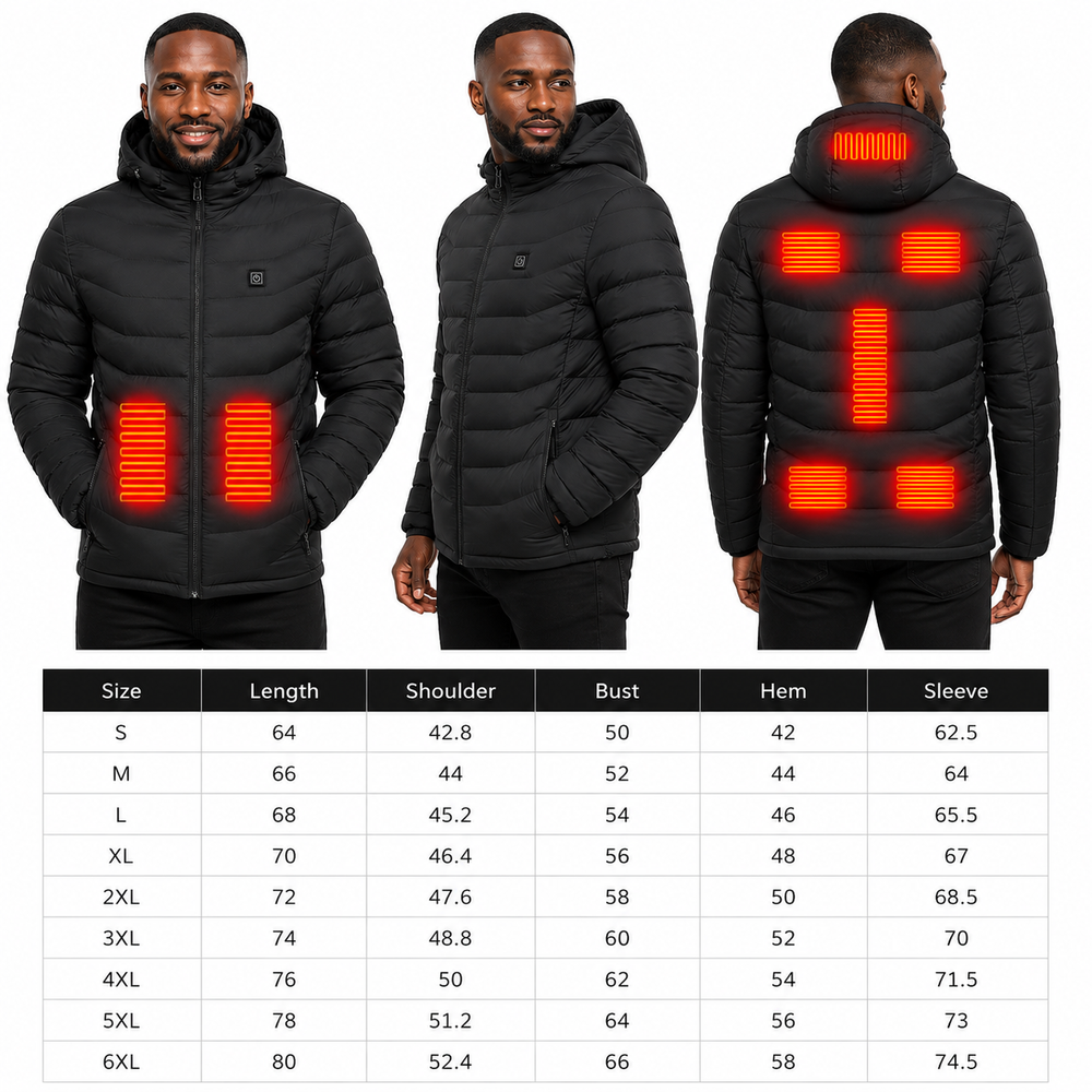 Men's heated jacket side view showing elastic cuffs, secure hem and lightweight shape for commuting, hiking and winter travel
