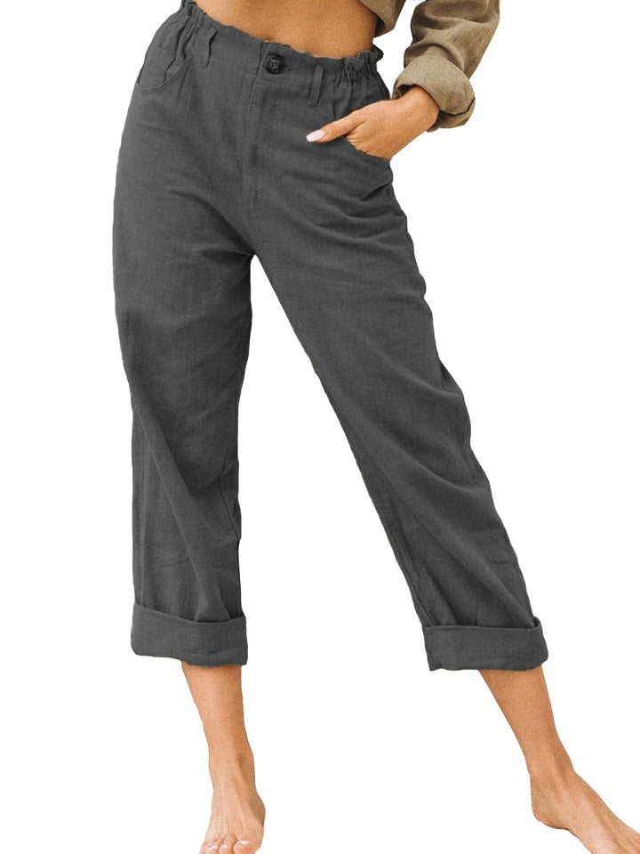 Casual women pants cotton linen relaxed fit elastic waist breathable lightweight summer trousers
