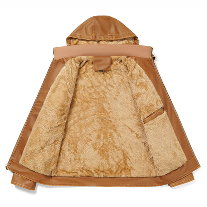 "PU leather jacket men fleece lined hood adjustment feature