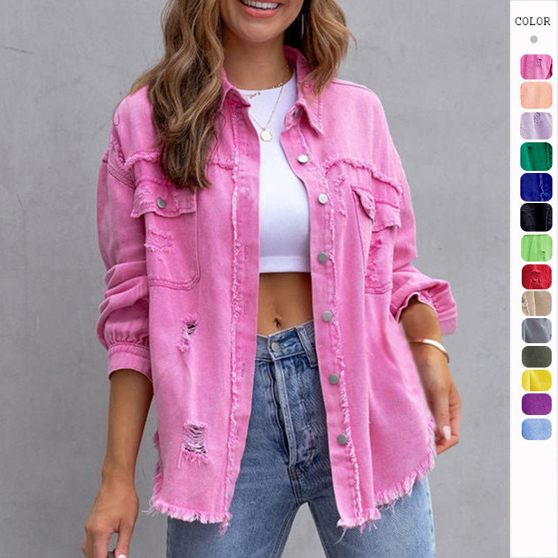 Fashion Ripped Shirt Jacket Women Loose Casual Autumn Coat