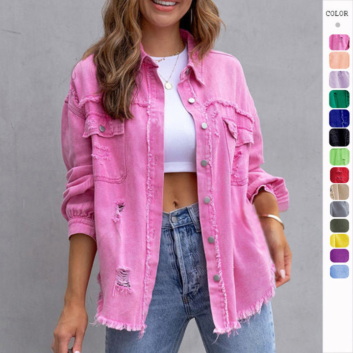 fashion ripped shirt jacket medium length relaxed silhouette women casual layering piece