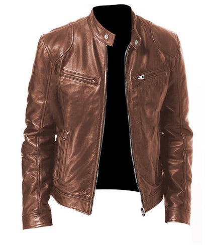 men's PU leather jacket brown front view with chest zipper pocket and stand collar for modern biker-inspired style
