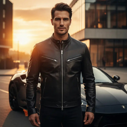 men biker jacket stand collar close up texture view