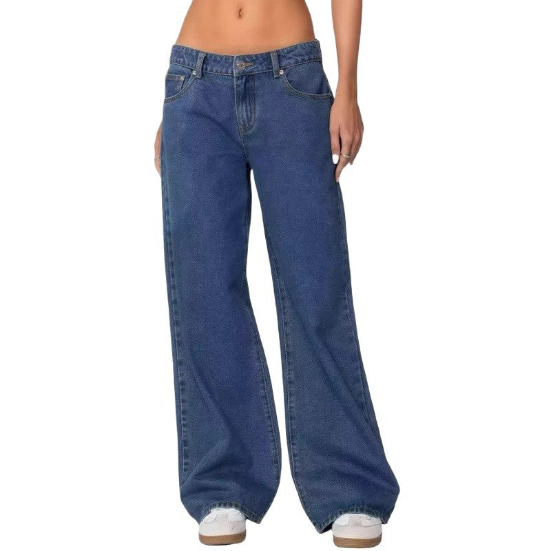 wide leg denim pants leg opening width visible on flat stance