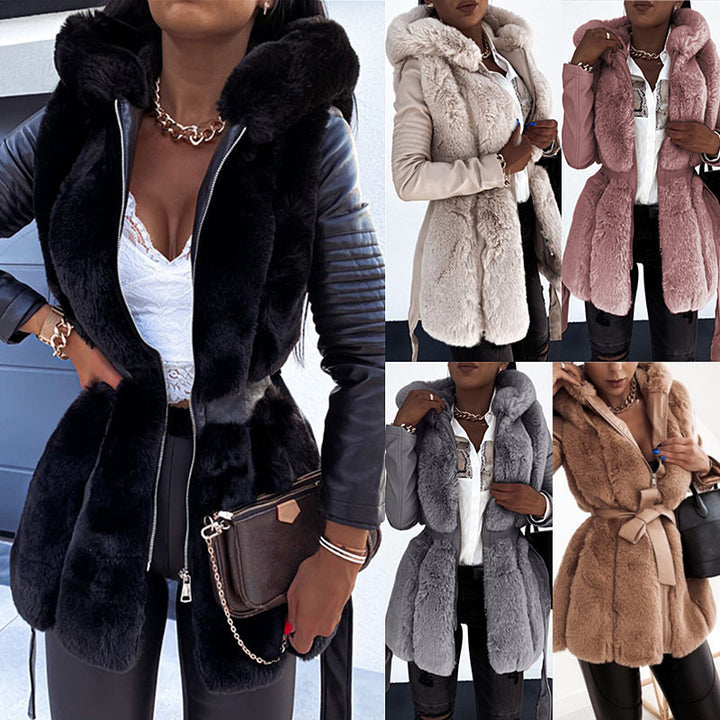 Collage of women wearing various fur coats in different colors.