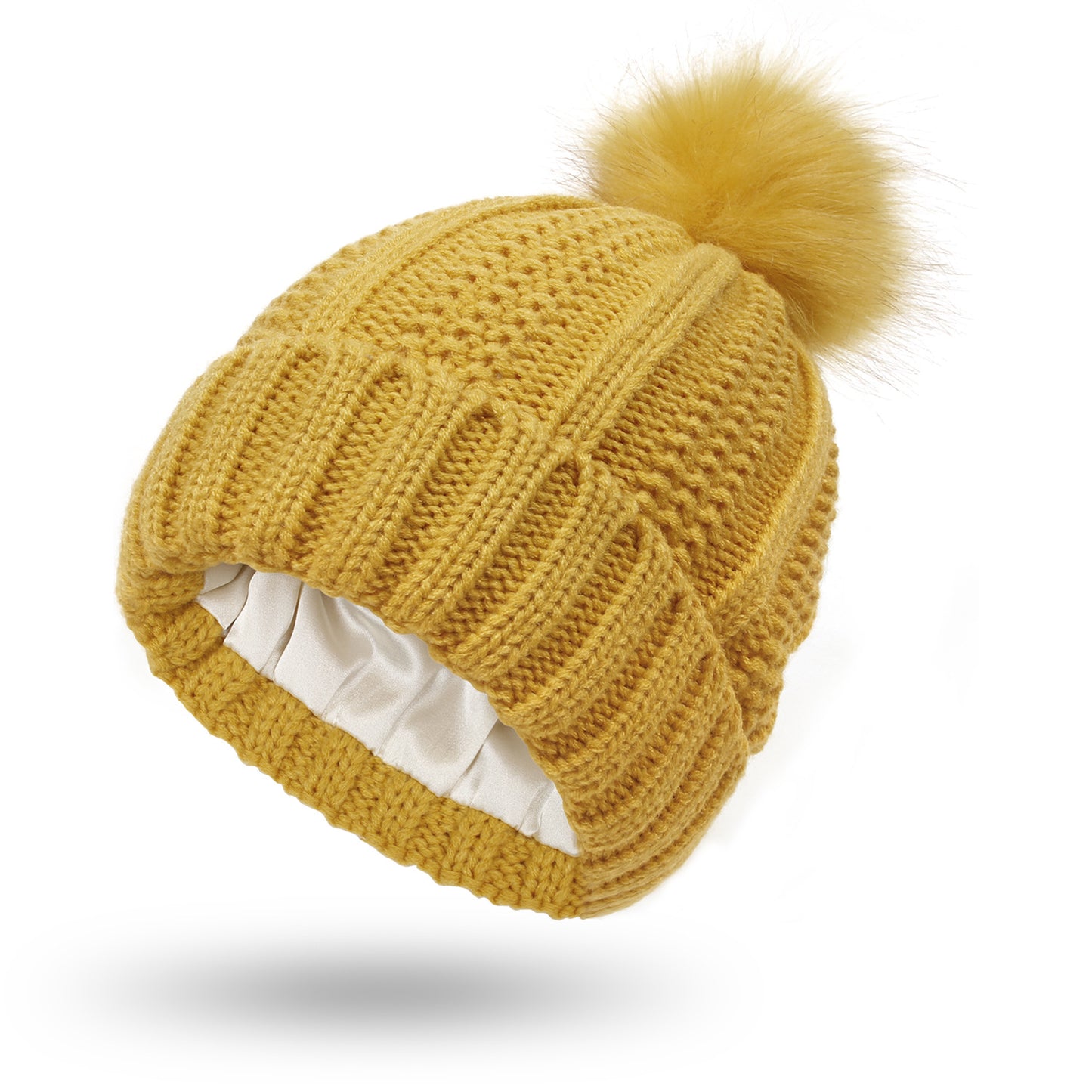 Yellow winter pom pom beanie hat with satin lining, bright knit that lifts gloomy days while guarding natural hair moisture