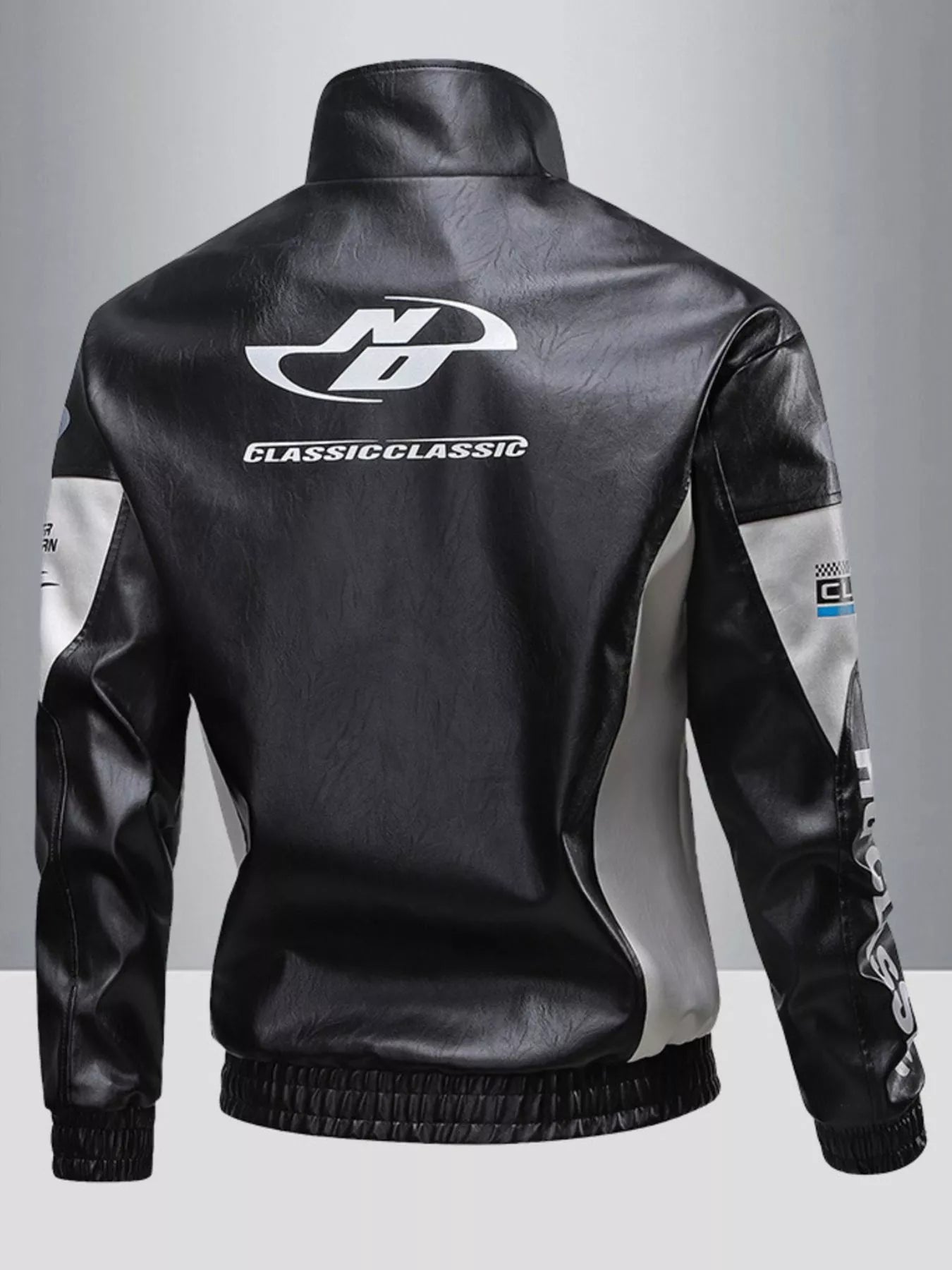 Big and tall motorcycle jacket side profile highlighting extended sleeve length up to 24 inches.