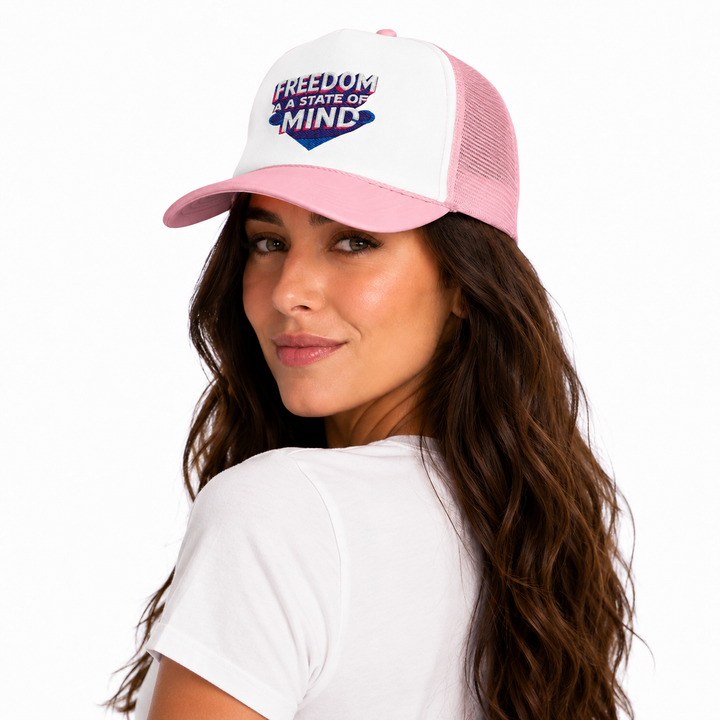 Woman wearing a pink and white cap with text on a white background