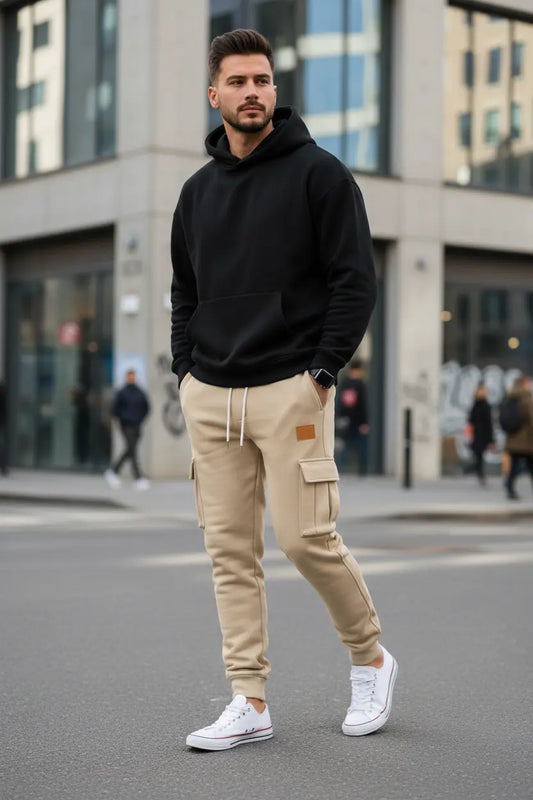 drawstring cargo joggers for men close-up of pocketed cargo pocket detail on smooth 100% polyester material
