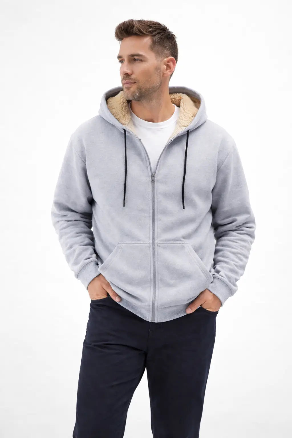 mens plus size sherpa lined zip hoodie fabric texture close up highlighting polyester spandex blend